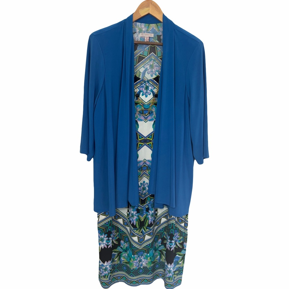 Dressbarn Blue Floral Geometric Dress w/ Open Front Cardigan & Necklace Overlay
